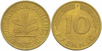 ФРГ 10 ПФЕННИГОВ 1975 F KM 108, J. 383 сталь плакированная латунью UNC 3996-632