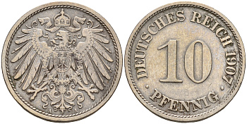 Германия 10 пфеннигов 1907 A KM 12, J. 13 медно-никель    4143-256