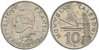 Французская Новая Каледония 10 франков 2009 рыбачья парусная лодка, (IEOM) KM 11a, Schoen 13a, Lec 99k медно-никель 60-1154