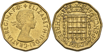 Великобритания 3 пенса 1966 Елизавета II (1952-2022) KM 900, Spink 4153 никель латунь 4589-935