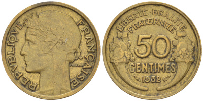 ФРАНЦИЯ 50 САНТИМОВ 1932 ТИП MORLON, CLOSED 9, БЕЗ ЯГОДЫ KM 849.1, LE FRANC 192.9 алюминиевая бронза 75-1566