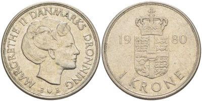 Дания 1 крона 1980 S; B, Маргрете II (1972-) KM 862.1 медно-никель 4388-1032