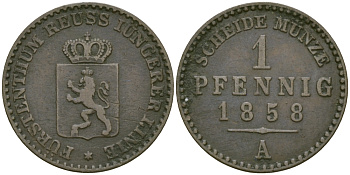 РЕЙС-ШЛАЙЦ 1 ПФЕННИГ 1858 А KM 69 медь 99-931