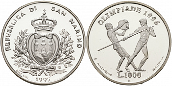 Сан-Марино 1000 лир 1995 XXVI летние Олимпийские игры в Атланте 1996 года, копьеметатель и дискобол KM 332 серебро PROOF 1066-1-42