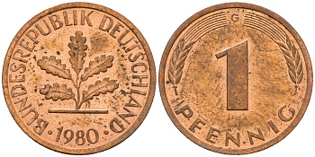 ФРГ 1 пфенниг 1980 G KM 105, J. 380 сталь плакированная медью    4598-614