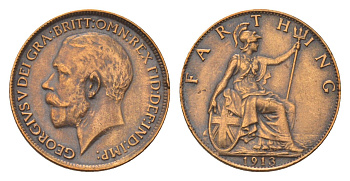 Великобритания 1 фартинг 1913 Георг V (1910-1936) KM 808.1, Spink 4059 бронза 4623-1031