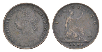 Великобритания 1 фартинг 1888 Виктория (1837-1901) KM 753, Spink 3958 бронза 4630-161