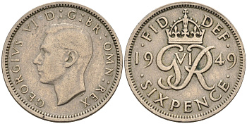Великобритания 6 пенсов 1949 Георг VI (1936-1952) KM 875, Spink 4110 медно-никель 4588-619
