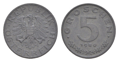 Австрия 5 грошей 1980 KM 2875 цинк 4567-1016