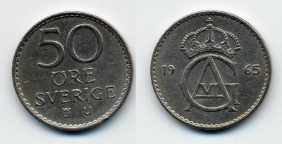 Швеция 50 эре 1965 U, Густав VI Адольф (1950-1973) KM 837 медно-никель 23-834