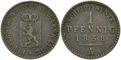 РЕЙС-ШЛАЙЦ 1 ПФЕННИГ 1858 А KM 69 медь 99-931