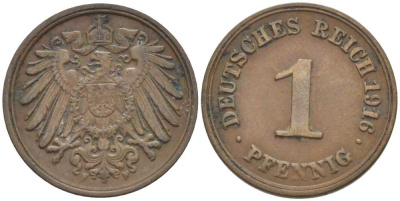 ГЕРМАНИЯ 1 ПФЕННИГ 1916 F KM 10, J. 10, Weege 2 медь 206-449