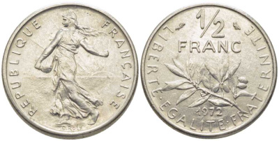 Франция 1/2 франка 1972 сеятель KM 931.1, LE FRANC 198.11 никель 175-942