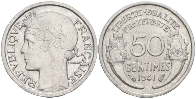 ФРАНЦИЯ 50 САНТИМОВ 1941 ТИП MORLON LOURDE KM 894.1a, LE FRANC 193.2 алюминий 44-224