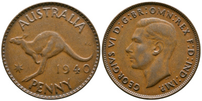 Австралия 1 пенни 1940 KG, Георг VI (1936-1952), кенгуру KM 36 бронза 4557-921