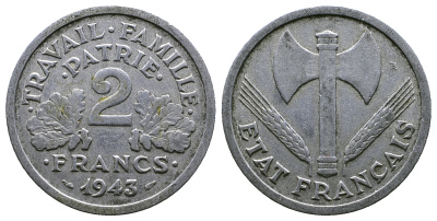 Франция 2 франка 1943 правительство Виши KM 904.1 алюминий 261-446