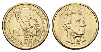 США 1 доллар 2008 D, Президент США - Джеймс Монро (1817-1825) KM 426 медь с марганцево-латунным покрытием UNC 4700-1025