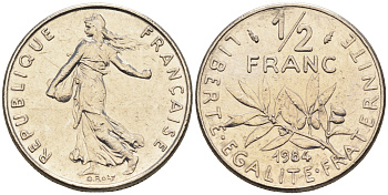 Франция 1/2 франка 1984 сеятель KM 931.1 никель    4169-214