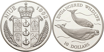 Ниуэ 10 долларов 1992 серия исчезающие виды животных, киты, белуга KM 74 серебро PROOF 1074-5-23
