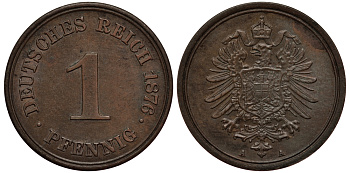 ГЕРМАНИЯ 1 ПФЕННИГ 1876 A, СТАРОГЕРБОВКА KM 1, J. 1 медь 413-5921