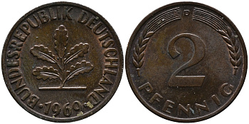 ФРГ 2 пфеннига 1969 D KM 106а, J.381а сталь плакированная медью 99-159