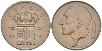 БЕЛЬГИЯ 50 САНТИМОВ 1953 BELGIE, БОДУЭН I (1951-1993) KM 145 бронза 214-159