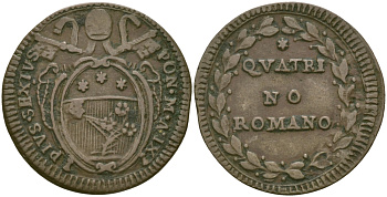 ВАТИКАН, ПАПСКАЯ ОБЛАСТЬ 1 КВАТРИНО 1784 ГОД IX, ПИЙ VI (1775-1799) KM 1223 (C67) медь 99-956