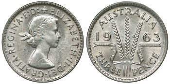 Австралия 3 пенса 1963 m, Елизавета II (1952-2022) KM 57 серебро 71-833