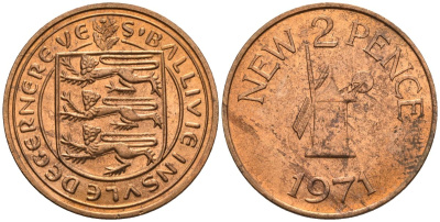 Гернси 2 пенса 1971 Ветряная мельница KM 22 бронза  aUNC  4610-441