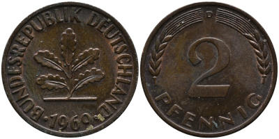 ФРГ 2 пфеннига 1969 D KM 106а, J.381а сталь плакированная медью 99-159