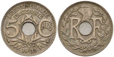 Франция 5 сантимов 1935 KM 875 медно-никель 4596-626