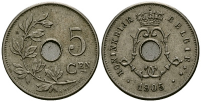 Бельгия 5 сантимов 1905 Belgie KM 55 медно-никель 4173-129