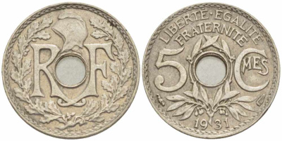 Франция 5 сантимов 1931 тип Линдайё KM 875, Le Franc 122.14 медно-никель 105-359