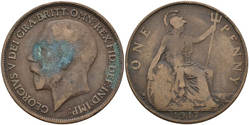 Великобритания 1 пенни 1917 Георг V (1910-1936) KM 810, Spink 4051 бронза 4572-1223