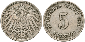 Германия 5 пфеннигов 1910 D, KM 11, J. 12 медно-никель 4608-933