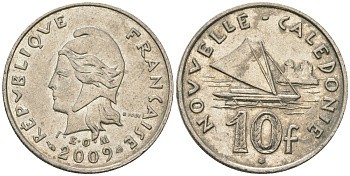 Французская Новая Каледония 10 франков 2009 рыбачья парусная лодка, (IEOM) KM 11a, Schoen 13a, Lec 99k медно-никель 62-1226