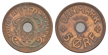 Дания 5 эре 1929 N, Кристиан X (1912-1947) KM 828 бронза 4657-243