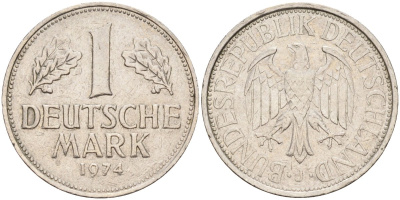 ФРГ 1 марка 1974 J KM 110, J. 385 медно-никель 4177-1134