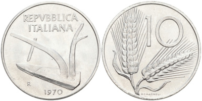 Италия 10 лир 1970 R, колосья, плуг KM 93 алюминий UNC 86-817