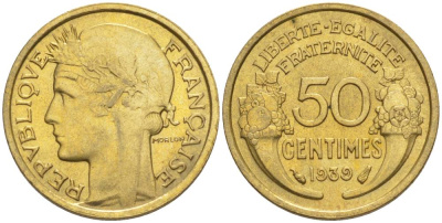 ФРАНЦИЯ 50 САНТИМОВ 1939 ТИП MORLON KM 894.1, LE FRANC 192.15 алюминиевая бронза 44-812