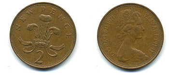 Великобритания 2 пенса 1971 Елизавета II (1952-2022) КМ 916, Spink 4235 (C1) бронза 4110-532