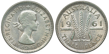 Австралия 3 пенса 1961 m, Елизавета II (1952-2022) KM 57 серебро 71-726