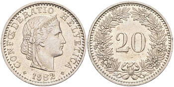 Швейцария 20 раппенов 1982 KM 29a медно-никель 55-1013