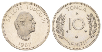 Тонга 10 сенити 1967 Салоте Тупоу III (1900-1965) KM 7 медно-никель PROOF 3896-411