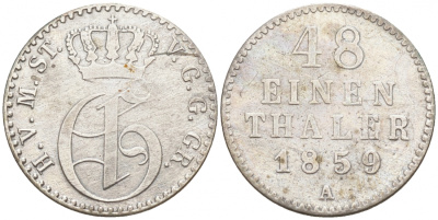 Мекленбург-Стрелиц 1/48 талера 1859 А, Фридрих Франц II (1842-1883) Jaeger 117, AKS 66, KM 91 серебро 73-211