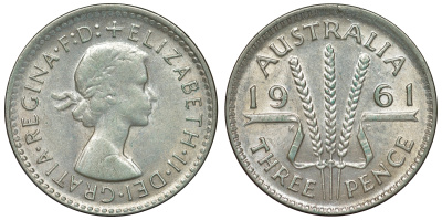 Австралия 3 пенса 1961 m, Елизавета II (1952-2022) KM 57 серебро 71-726