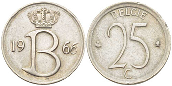 Бельгия 25 сантимов 1966 Belgie, Бодуэн I (1951-1993) KM 154.1 медно-никель 214-144
