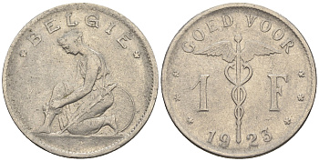 Бельгия 1 франк 1923 Belgie, Альберт I (1909-1934) KM 900 никель 85-216