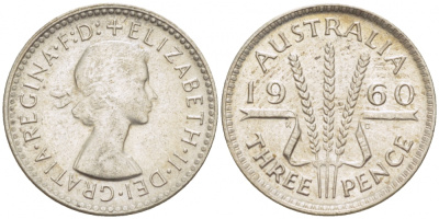 Австралия 3 пенса 1960 m, Елизавета II (1952-2022) KM 57 серебро UNC 3718-361