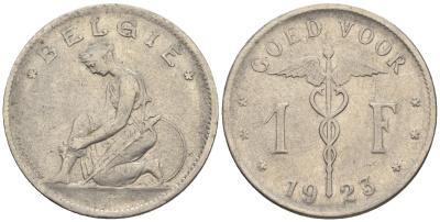Бельгия 1 франк 1923 Belgie, Альберт I (1909-1934) KM 900 никель 85-216